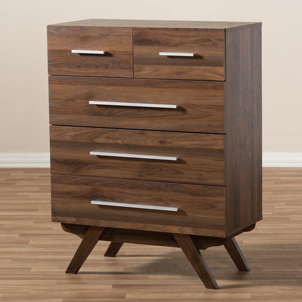 Auburn Mid-Century Modern Walnut Brown Finished Wood 5-Drawer Chest FredCo
