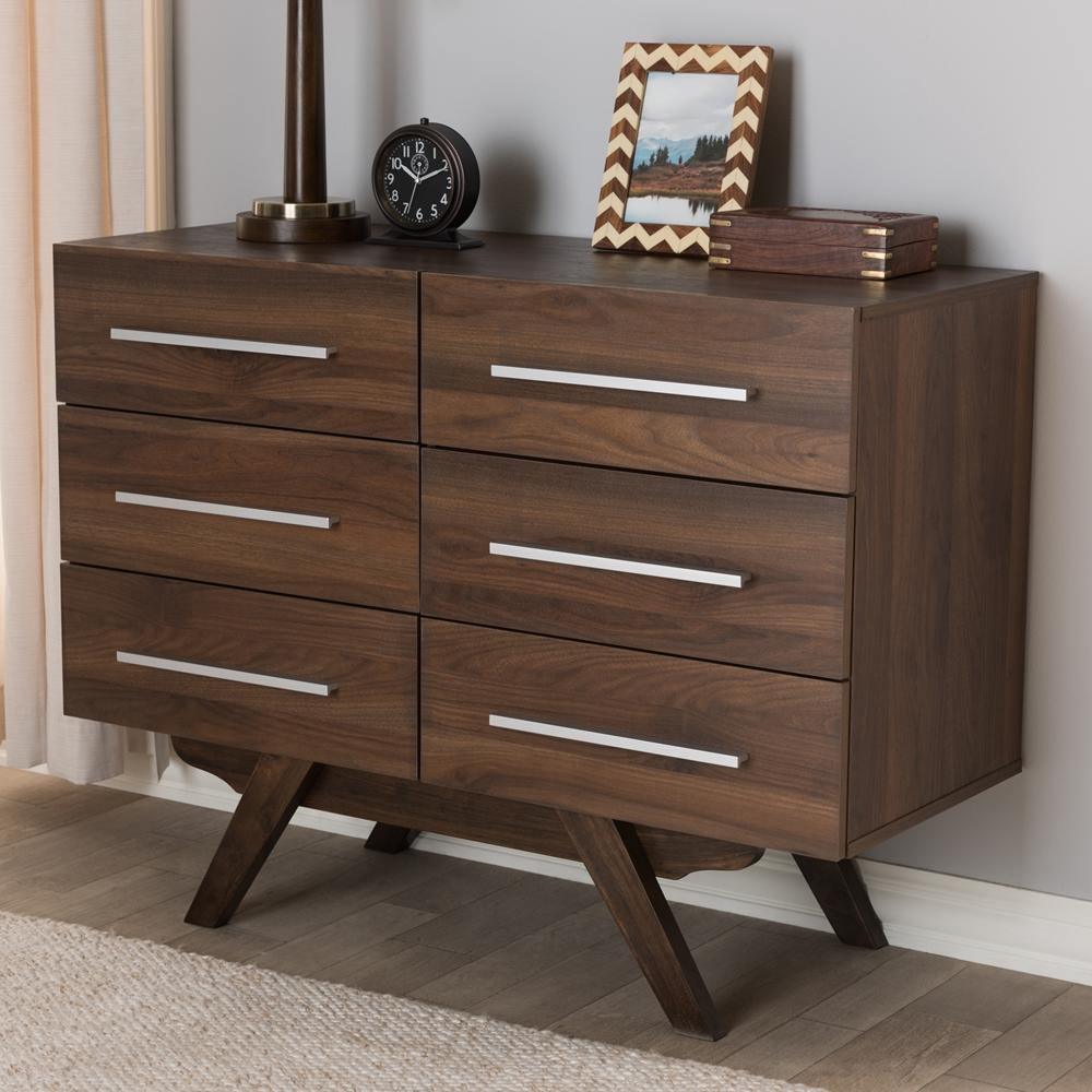 Auburn Mid-Century Modern Walnut Brown Finished Wood 6-Drawer Dresser FredCo