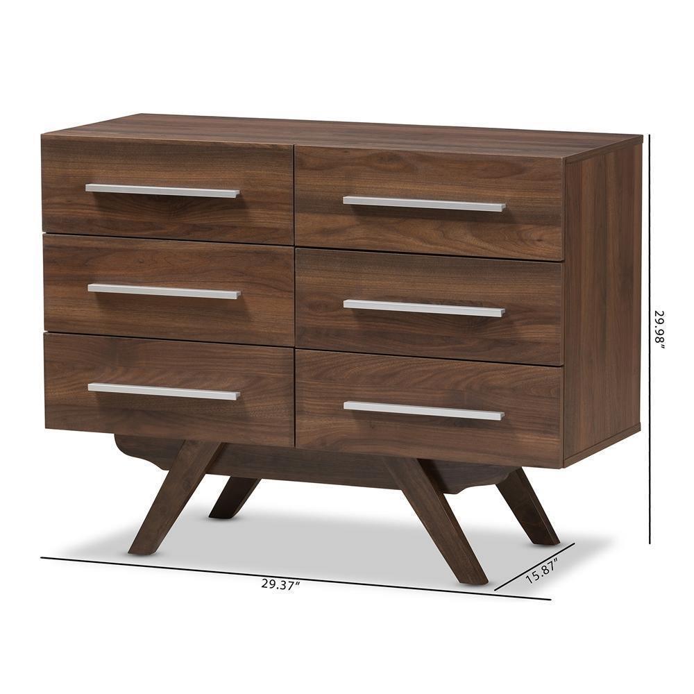 Auburn Mid-Century Modern Walnut Brown Finished Wood 6-Drawer Dresser FredCo