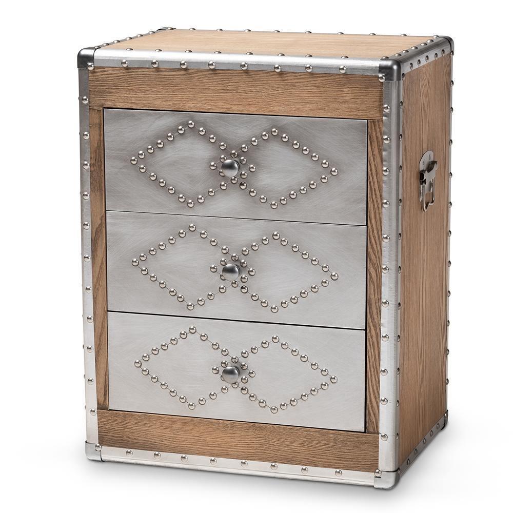Audric French Industrial Brown Wood and Silver Metal 3-Drawer Accent Storage Cabinet FredCo
