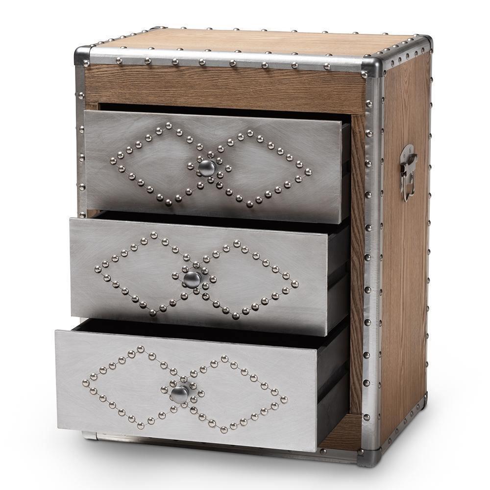 Audric French Industrial Brown Wood and Silver Metal 3-Drawer Accent Storage Cabinet FredCo