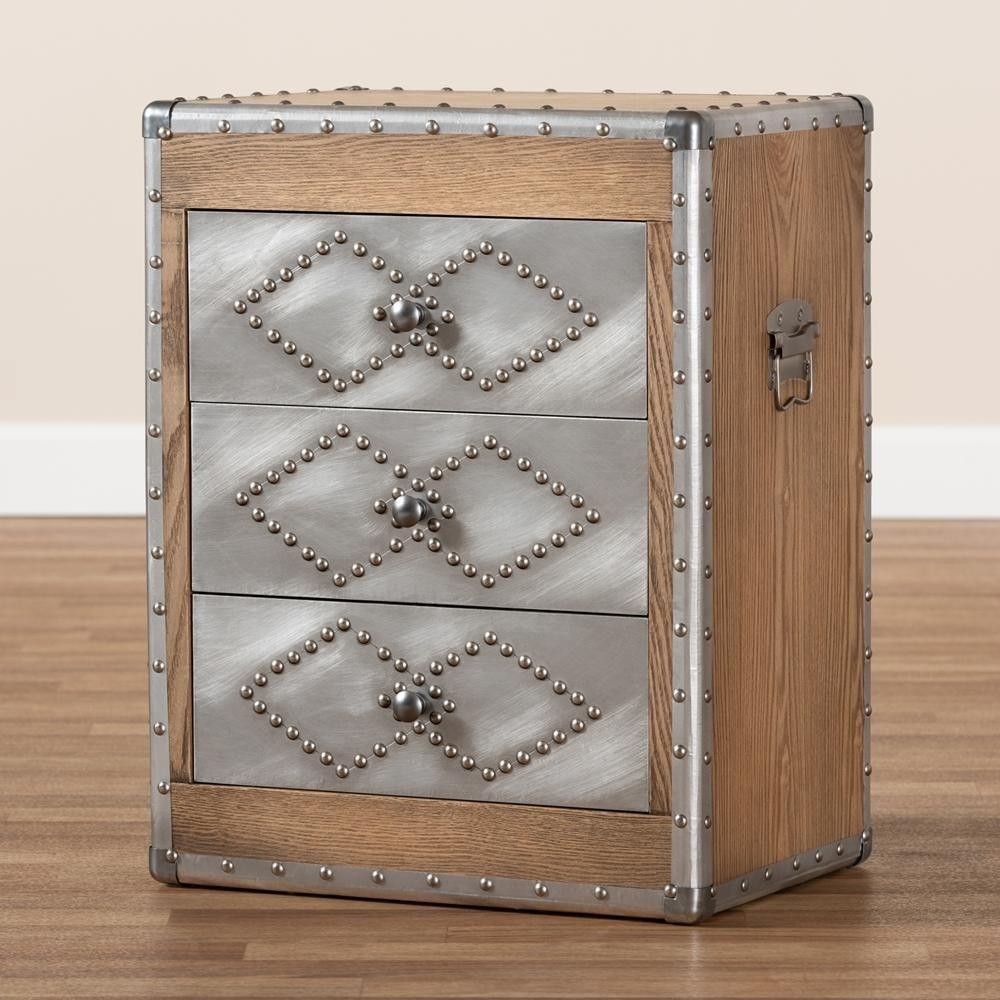 Audric French Industrial Brown Wood and Silver Metal 3-Drawer Accent Storage Cabinet FredCo