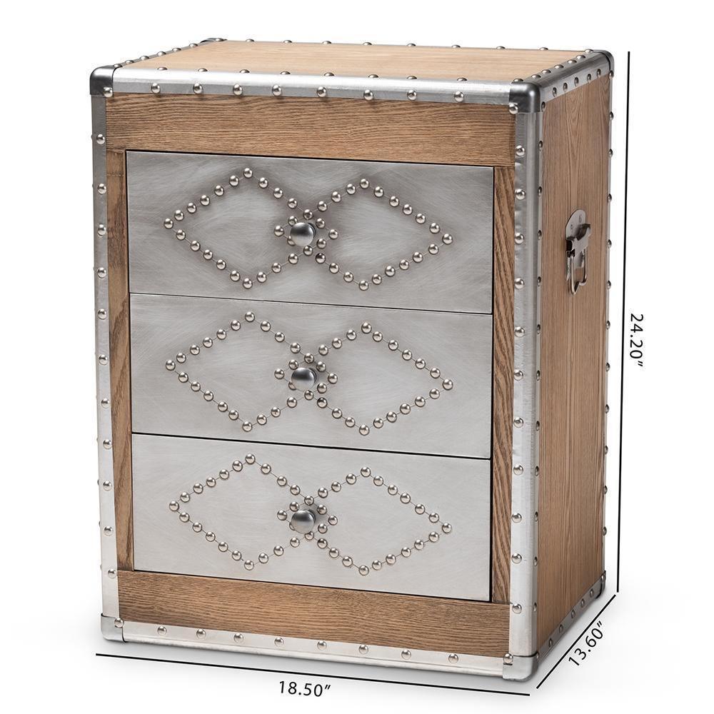 Audric French Industrial Brown Wood and Silver Metal 3-Drawer Accent Storage Cabinet FredCo