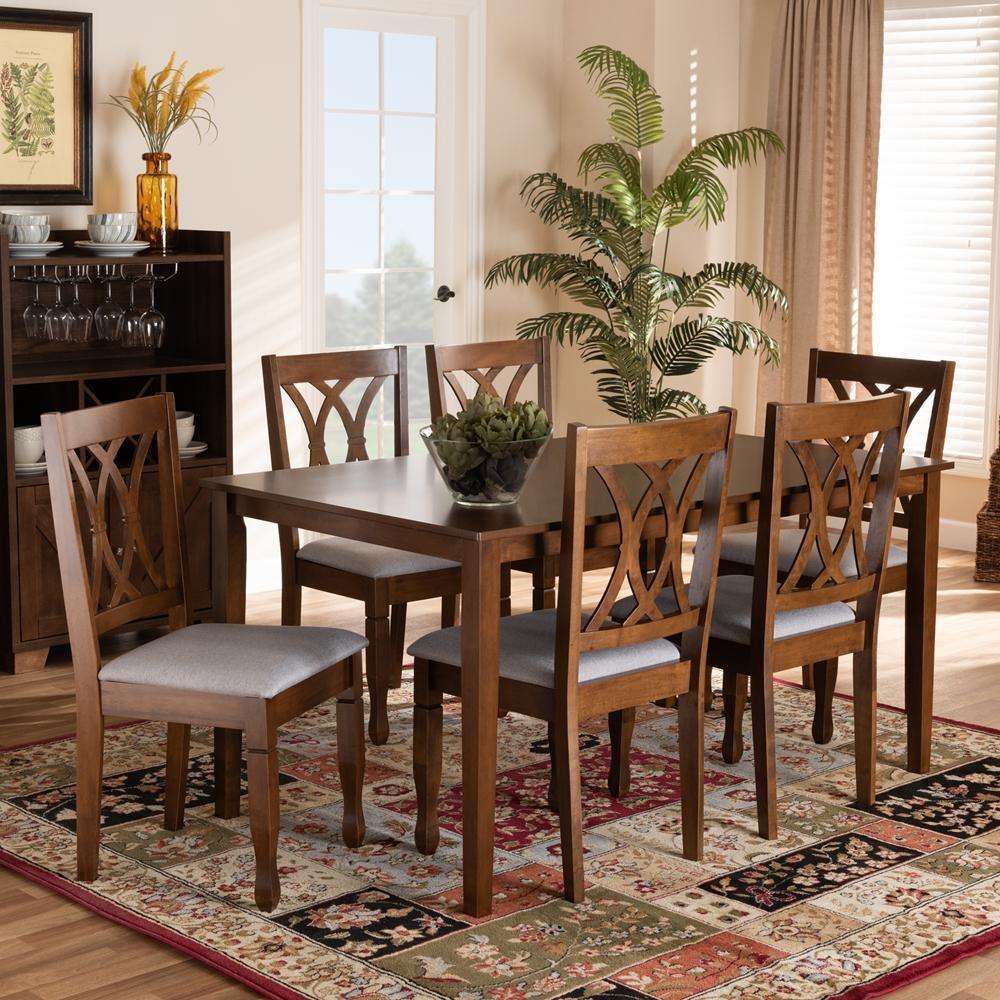 Augustine Modern and Contemporary Grey Fabric Upholstered and Walnut Brown Finished Wood 7-Piece Dining Set FredCo