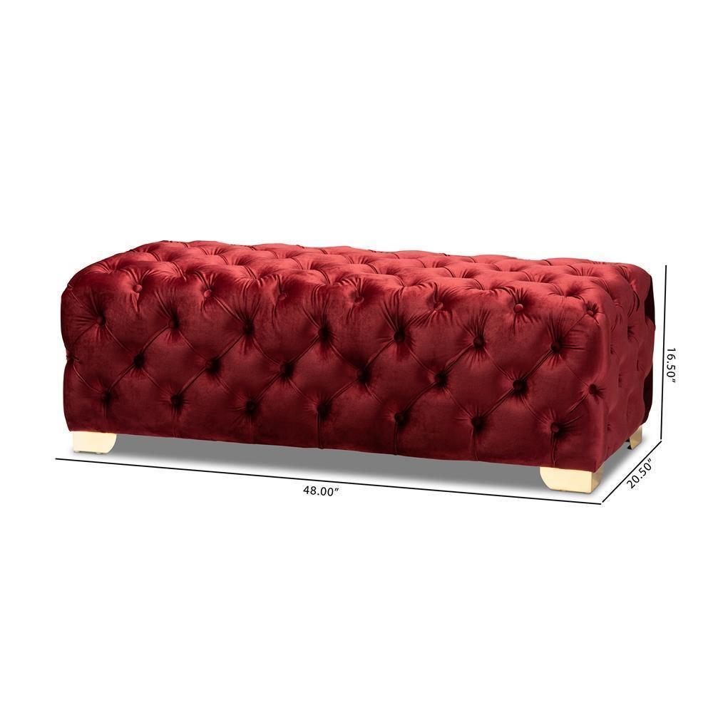 Avara Glam and Luxe Burgundy Velvet Fabric Upholstered Gold Finished Button Tufted Bench Ottoman FredCo