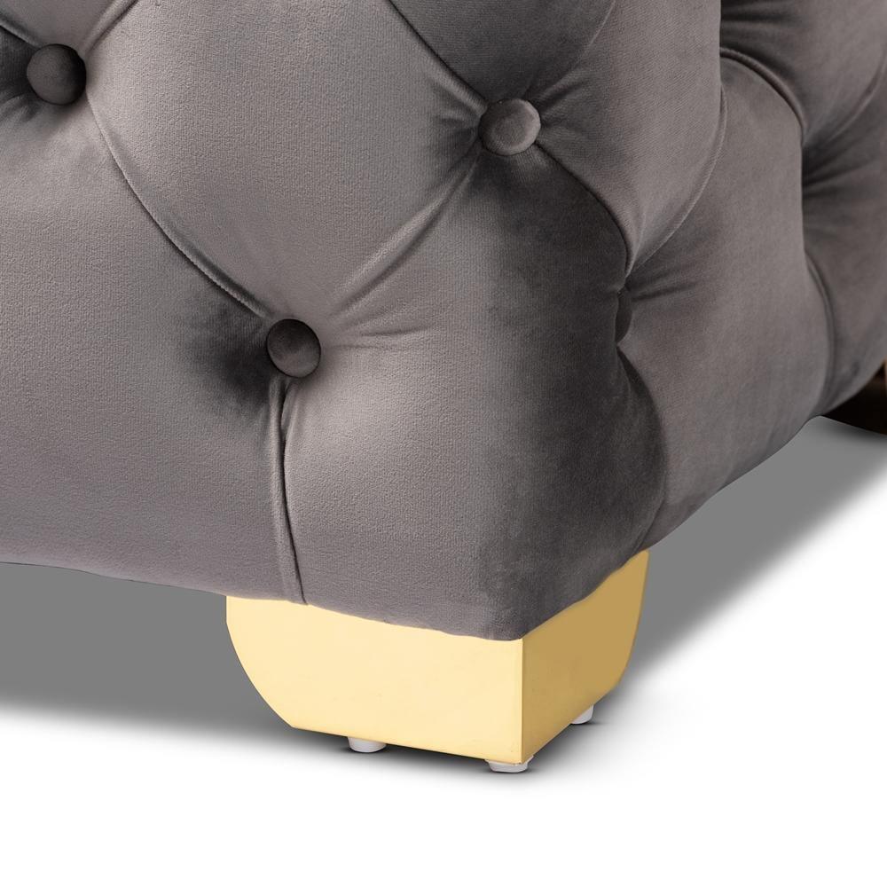 Avara Glam and Luxe Gray Velvet Fabric Upholstered Gold Finished Button Tufted Bench Ottoman FredCo