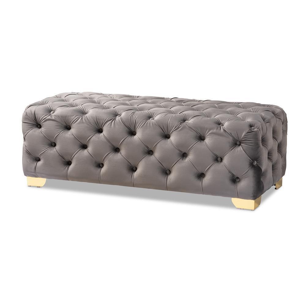 Avara Glam and Luxe Gray Velvet Fabric Upholstered Gold Finished Button Tufted Bench Ottoman FredCo