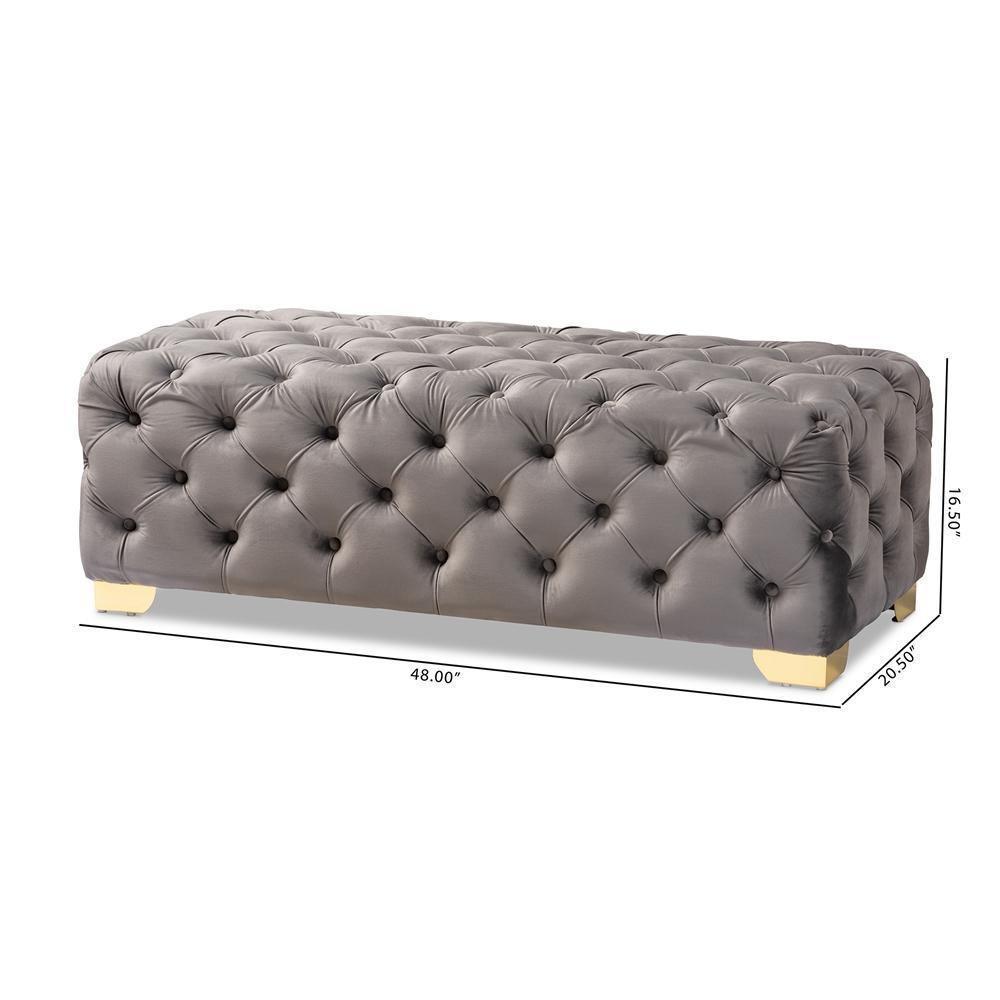 Avara Glam and Luxe Gray Velvet Fabric Upholstered Gold Finished Button Tufted Bench Ottoman FredCo