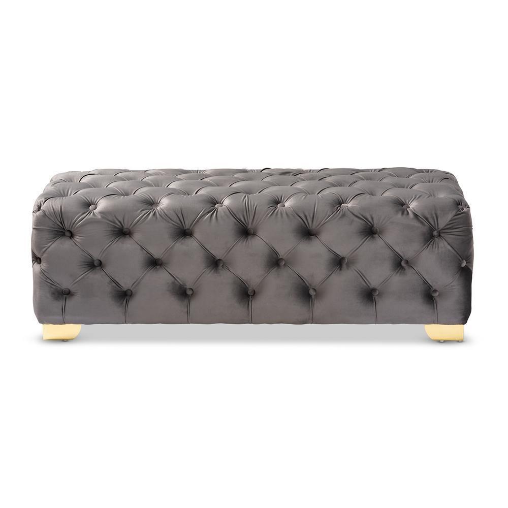 Avara Glam and Luxe Gray Velvet Fabric Upholstered Gold Finished Button Tufted Bench Ottoman FredCo