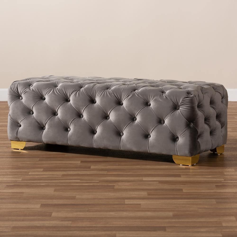 Avara Glam and Luxe Gray Velvet Fabric Upholstered Gold Finished Button Tufted Bench Ottoman FredCo