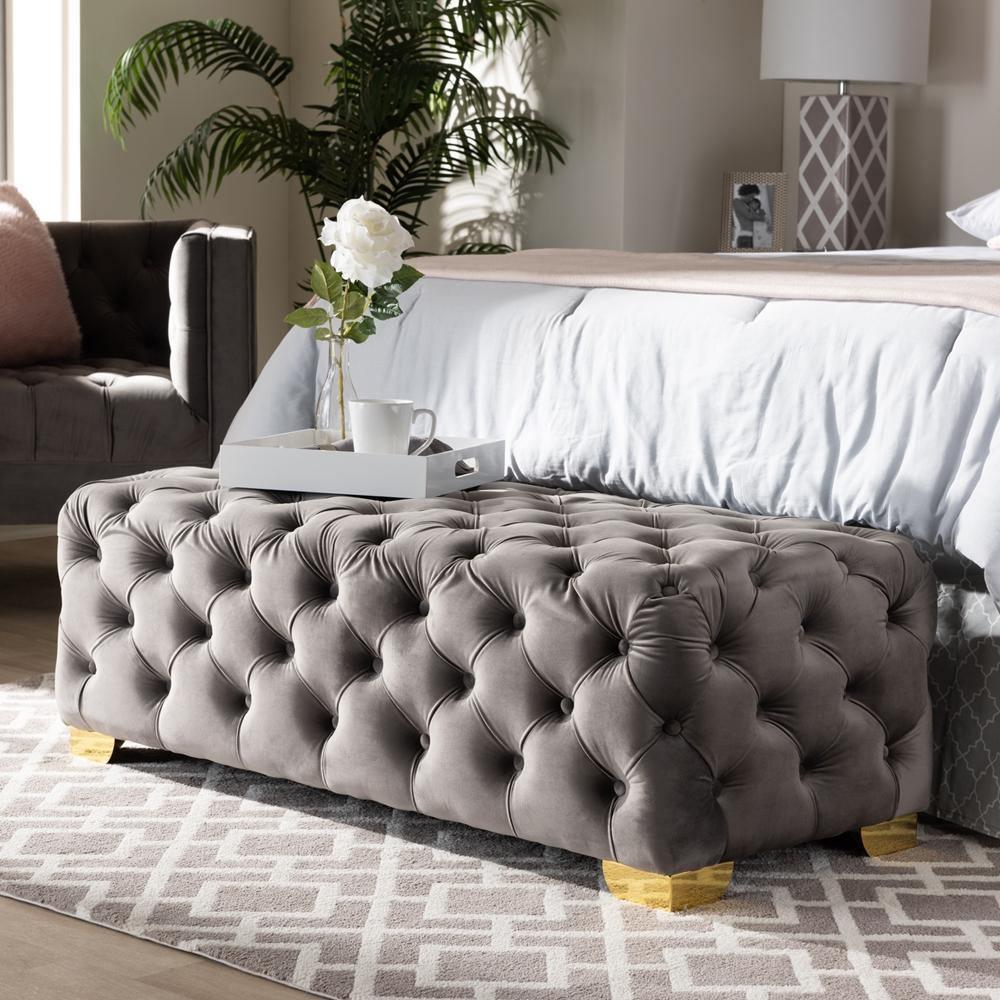 Avara Glam and Luxe Gray Velvet Fabric Upholstered Gold Finished Button Tufted Bench Ottoman FredCo
