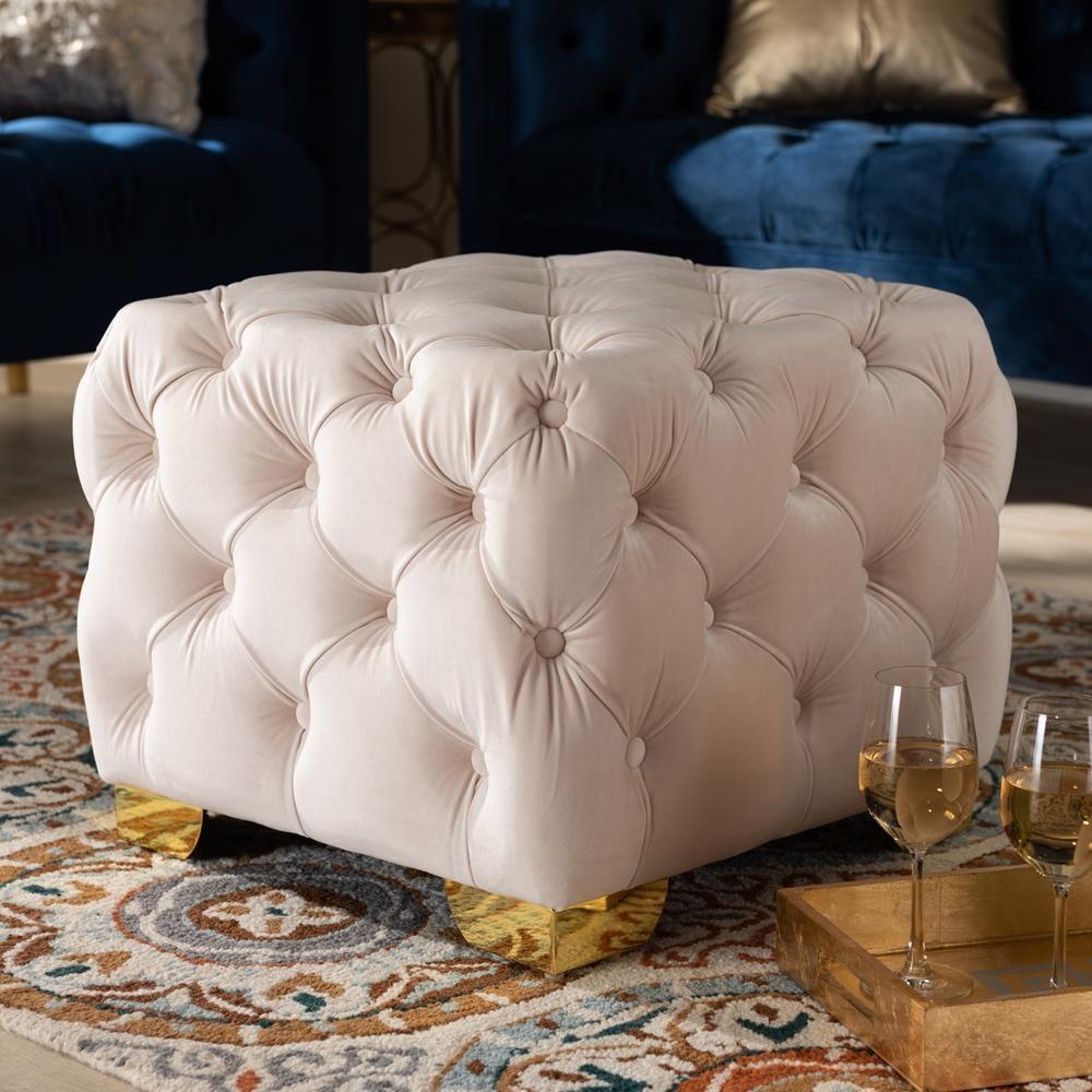 Avara Glam and Luxe Light Beige Velvet Fabric Upholstered Gold Finished Button Tufted Ottoman FredCo