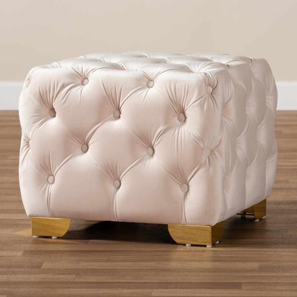 Avara Glam and Luxe Light Beige Velvet Fabric Upholstered Gold Finished Button Tufted Ottoman FredCo