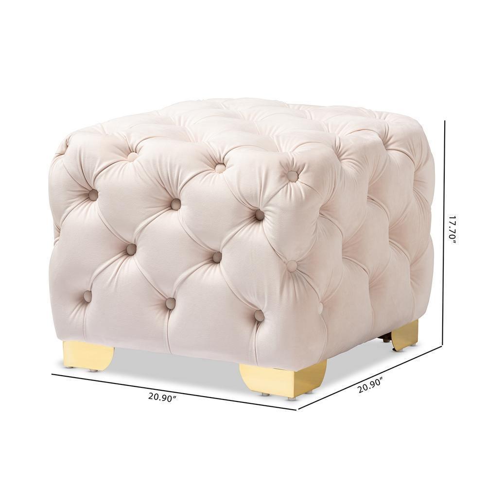 Avara Glam and Luxe Light Beige Velvet Fabric Upholstered Gold Finished Button Tufted Ottoman FredCo