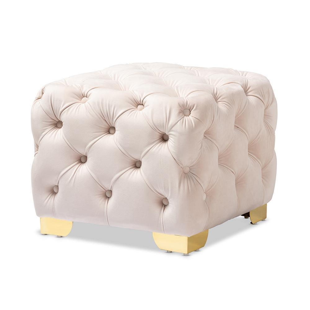 Avara Glam and Luxe Light Beige Velvet Fabric Upholstered Gold Finished Button Tufted Ottoman FredCo