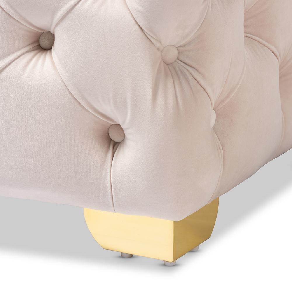 Avara Glam and Luxe Light Beige Velvet Fabric Upholstered Gold Finished Button Tufted Ottoman FredCo