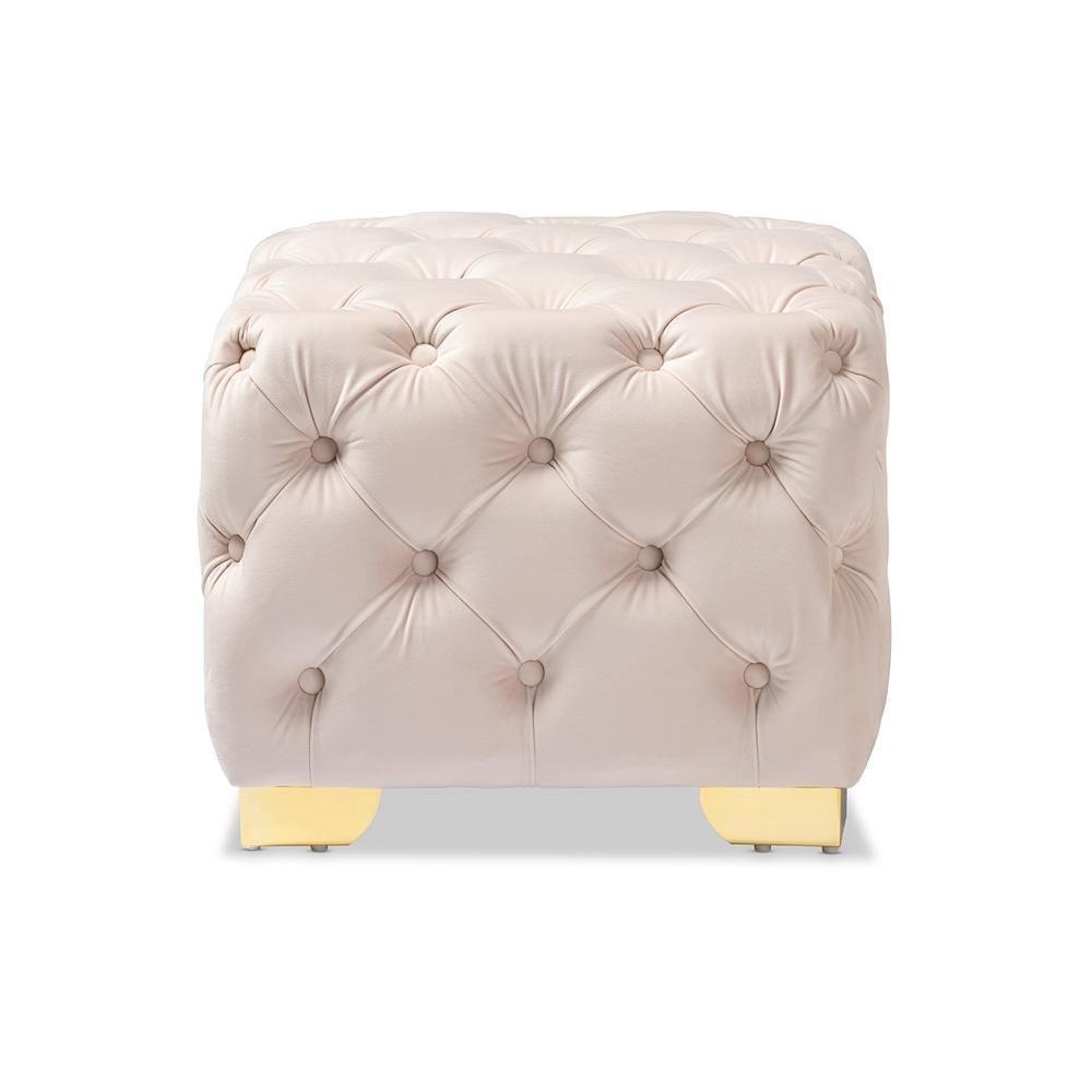 Avara Glam and Luxe Light Beige Velvet Fabric Upholstered Gold Finished Button Tufted Ottoman FredCo