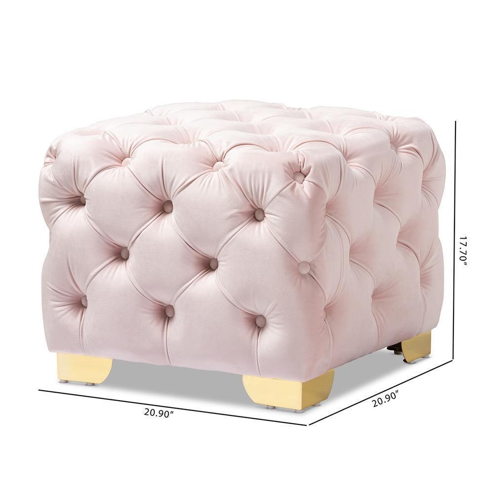 Avara Glam and Luxe Light Pink Velvet Fabric Upholstered Gold Finished Button Tufted Ottoman FredCo