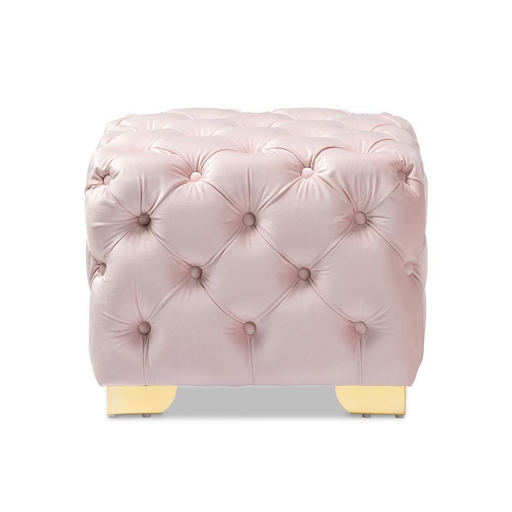 Avara Glam and Luxe Light Pink Velvet Fabric Upholstered Gold Finished Button Tufted Ottoman FredCo