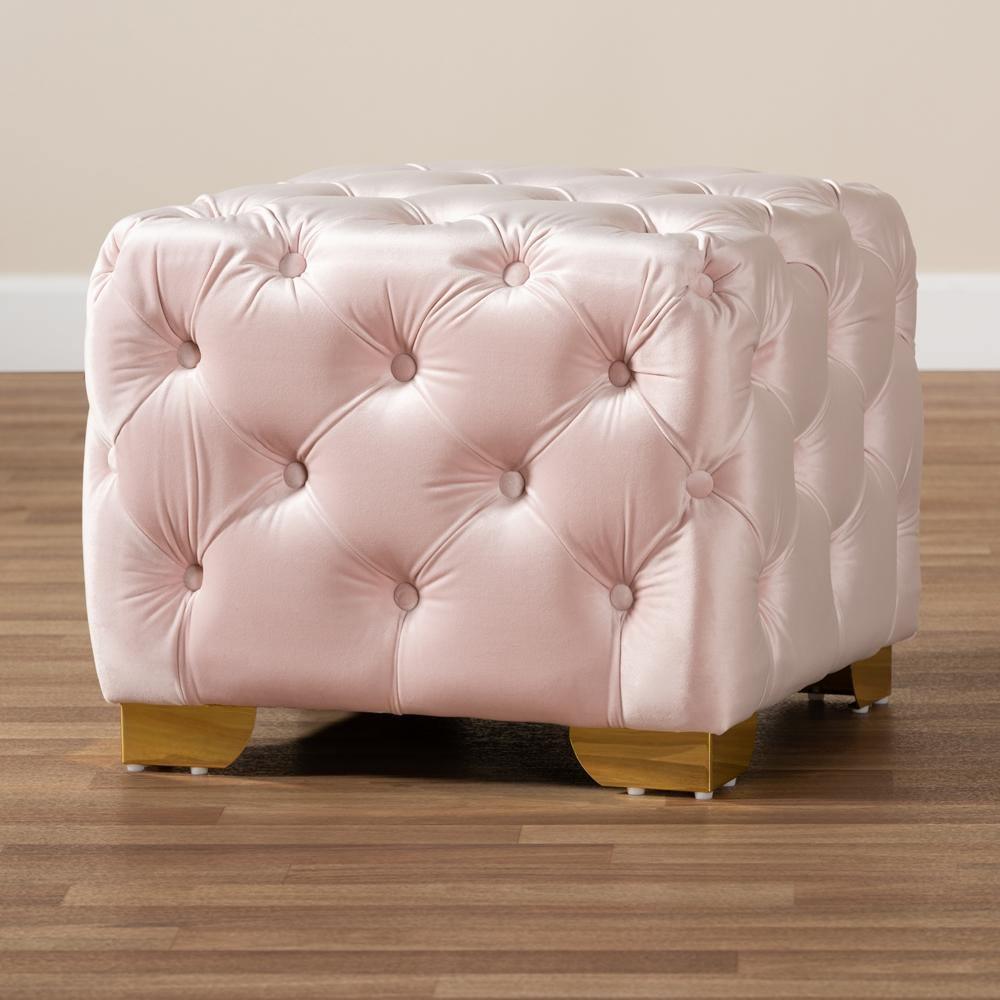 Avara Glam and Luxe Light Pink Velvet Fabric Upholstered Gold Finished Button Tufted Ottoman FredCo