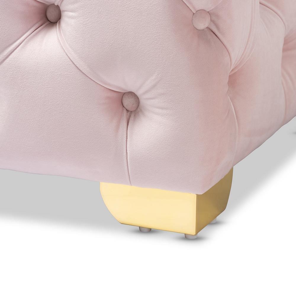Avara Glam and Luxe Light Pink Velvet Fabric Upholstered Gold Finished Button Tufted Ottoman FredCo