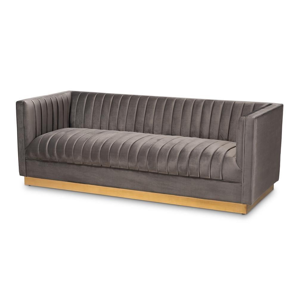 Aveline Glam and Luxe Grey Velvet Fabric Upholstered Brushed Gold Finished Sofa FredCo