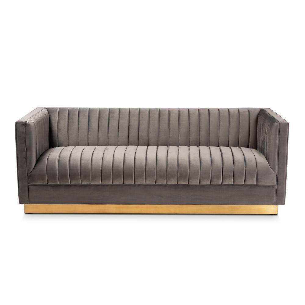 Aveline Glam and Luxe Grey Velvet Fabric Upholstered Brushed Gold Finished Sofa FredCo