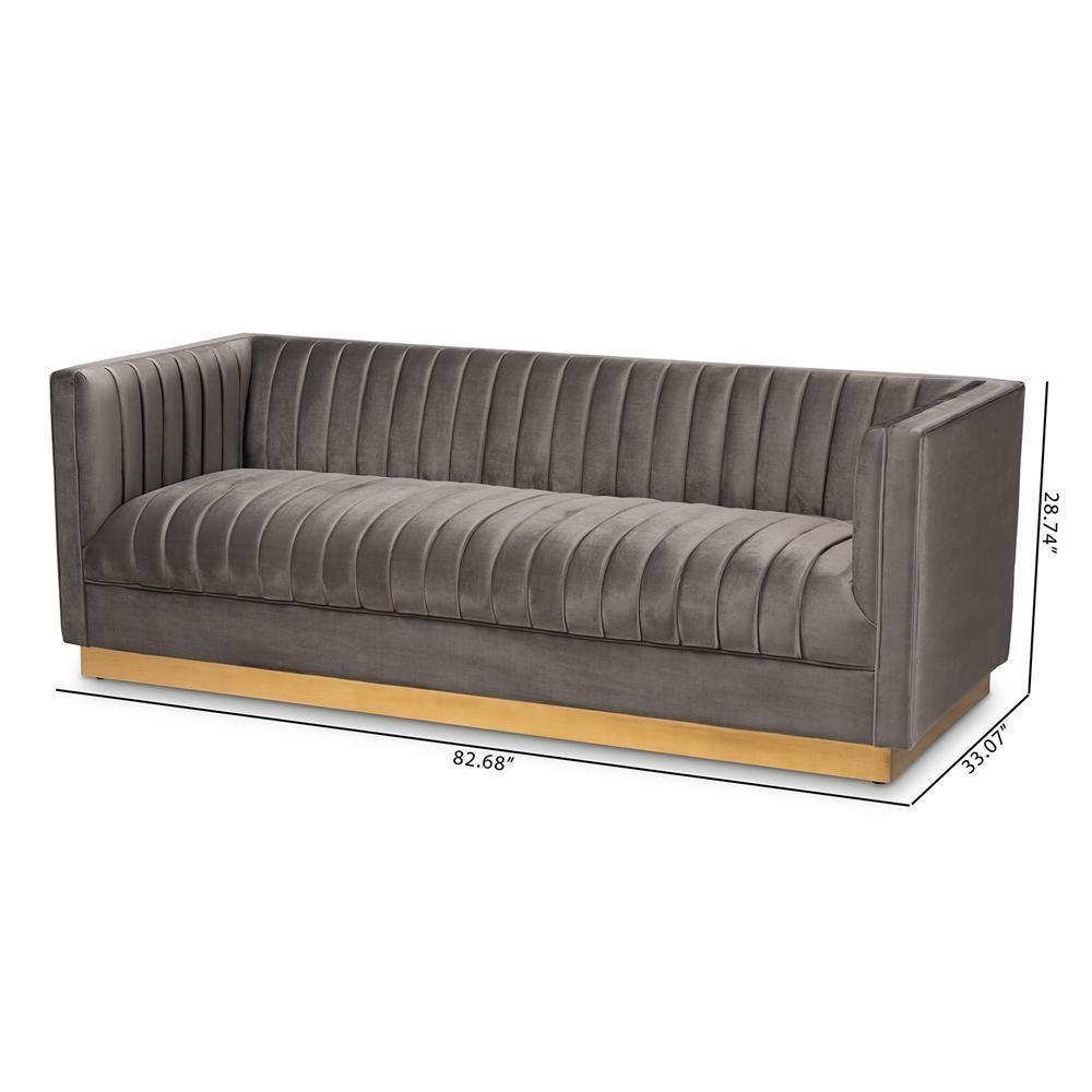 Aveline Glam and Luxe Grey Velvet Fabric Upholstered Brushed Gold Finished Sofa FredCo
