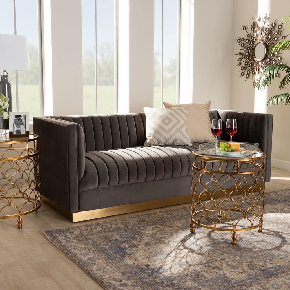 Aveline Glam and Luxe Grey Velvet Fabric Upholstered Brushed Gold Finished Sofa FredCo