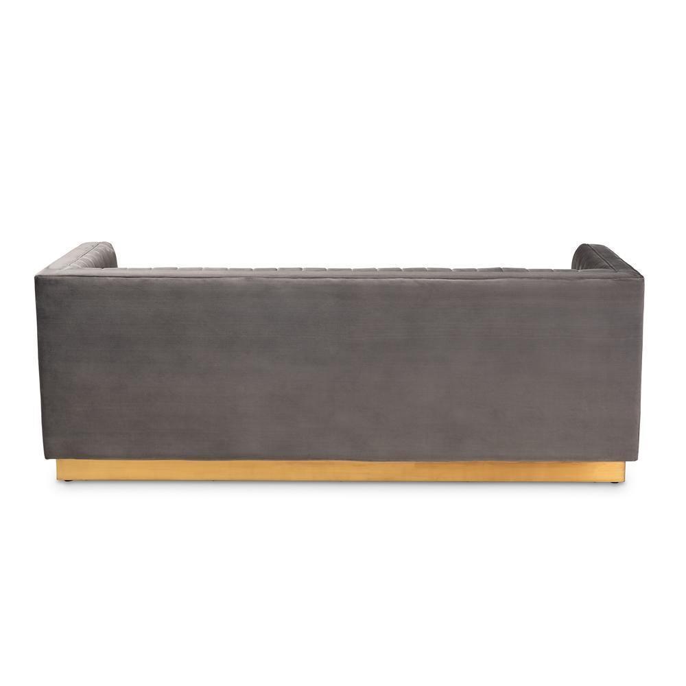 Aveline Glam and Luxe Grey Velvet Fabric Upholstered Brushed Gold Finished Sofa FredCo