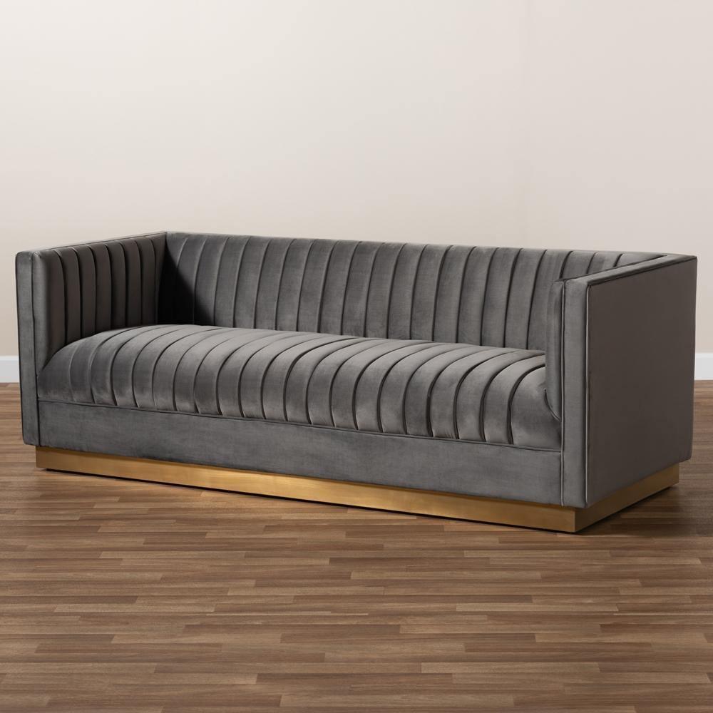 Aveline Glam and Luxe Grey Velvet Fabric Upholstered Brushed Gold Finished Sofa FredCo