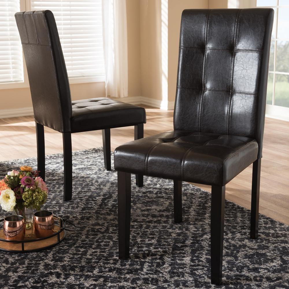 Avery Modern and Contemporary Dark Brown Faux Leather Upholstered Dining Chair Set of 2 FredCo