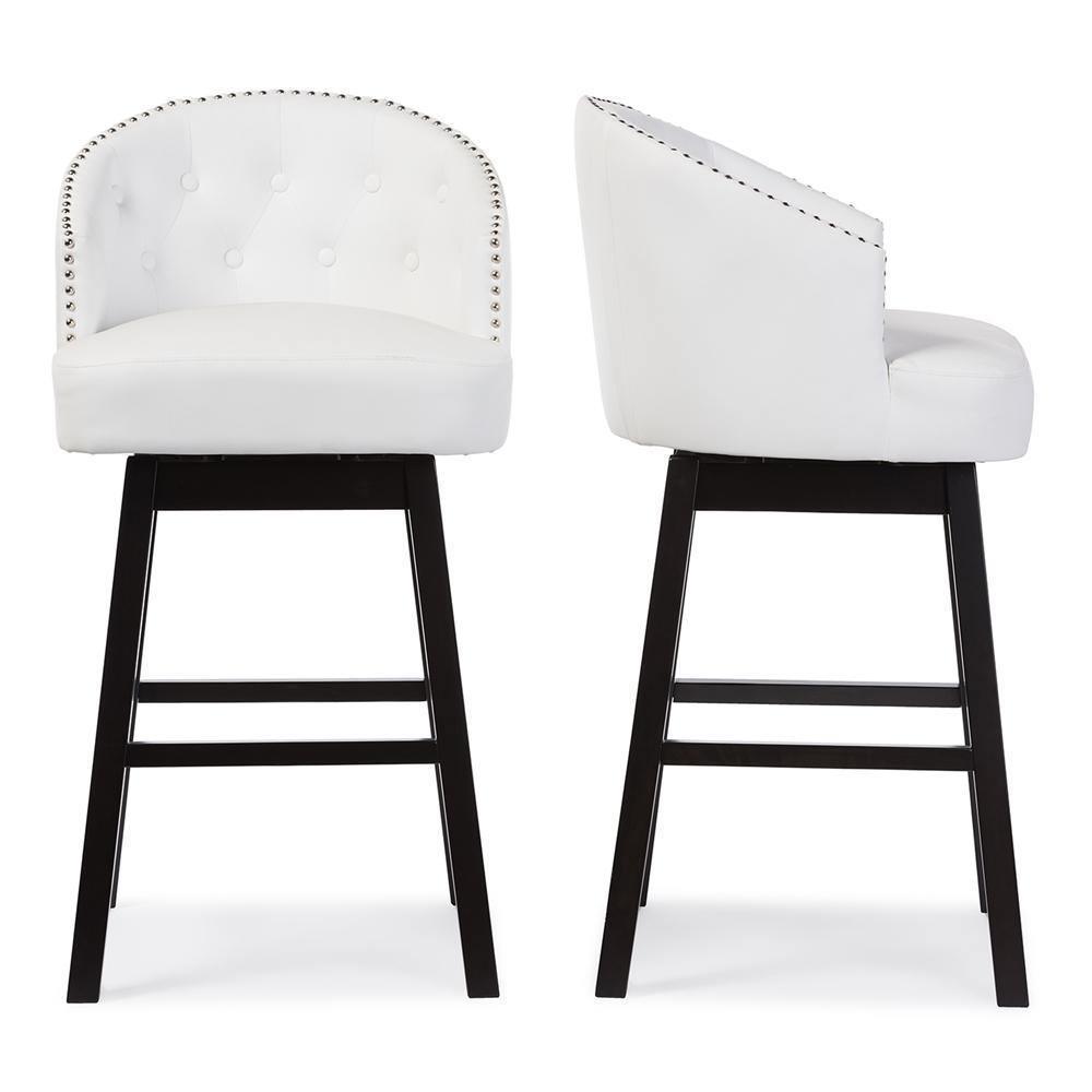 Avril Modern and Contemporary White Faux Leather Tufted Swivel Barstool with Nail heads Trim FredCo
