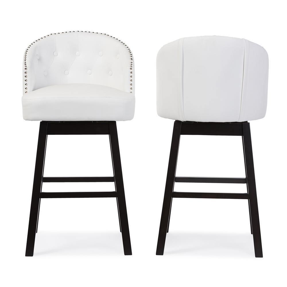 Avril Modern and Contemporary White Faux Leather Tufted Swivel Barstool with Nail heads Trim FredCo