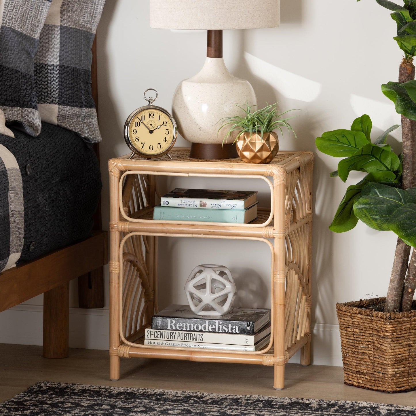 Baara Modern Bohemian Natural Brown Rattan Nightstand FredCo
