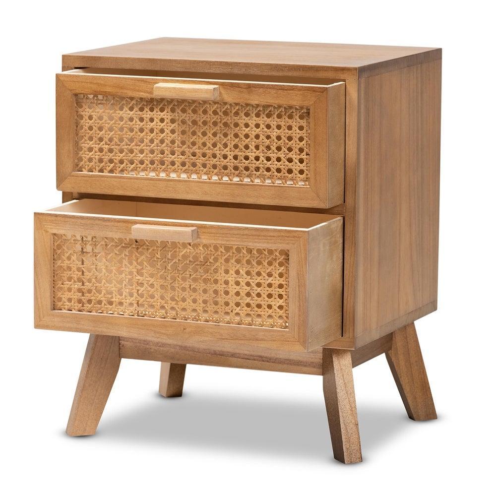 Baden Mid-Century Modern Walnut Brown Finished Wood 2-Drawer Nightstand with Rattan FredCo