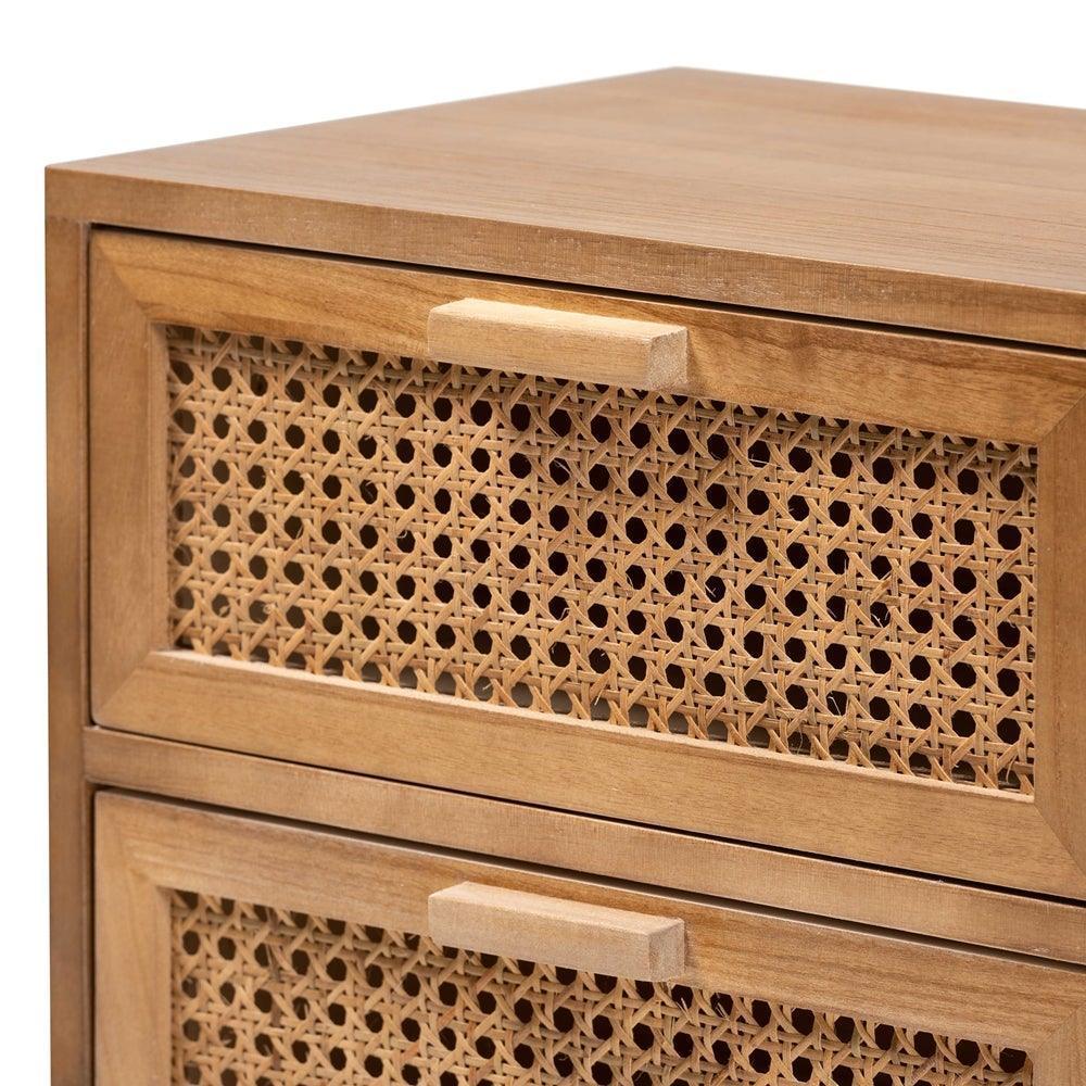 Baden Mid-Century Modern Walnut Brown Finished Wood 2-Drawer Nightstand with Rattan FredCo