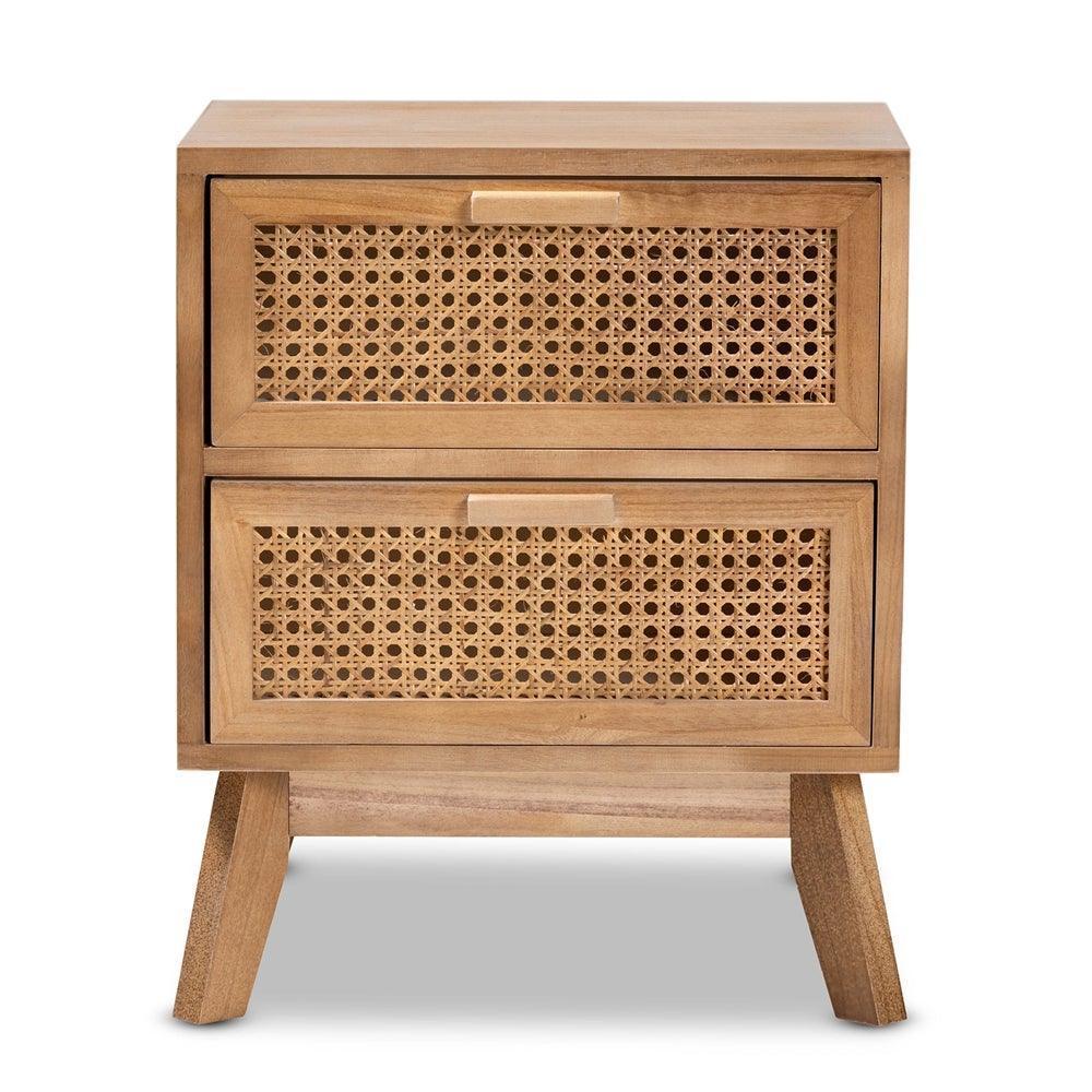 Baden Mid-Century Modern Walnut Brown Finished Wood 2-Drawer Nightstand with Rattan FredCo
