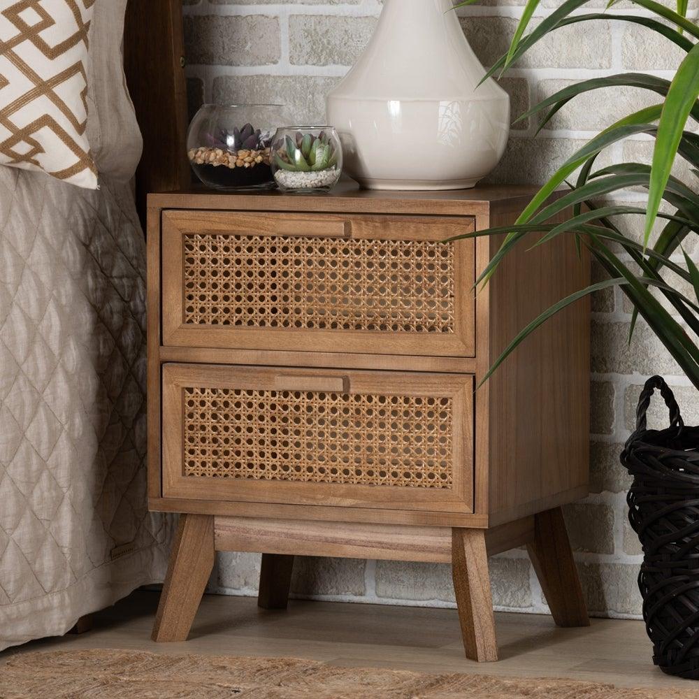 Baden Mid-Century Modern Walnut Brown Finished Wood 2-Drawer Nightstand with Rattan FredCo