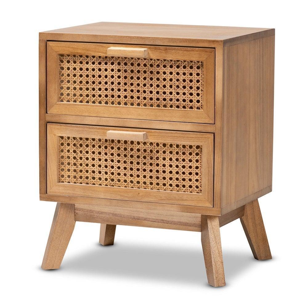 Baden Mid-Century Modern Walnut Brown Finished Wood 2-Drawer Nightstand with Rattan FredCo