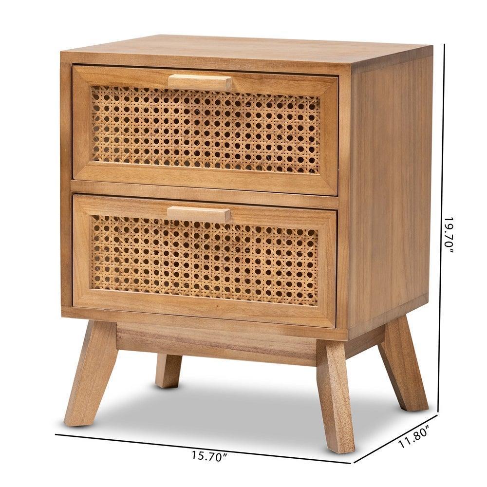 Baden Mid-Century Modern Walnut Brown Finished Wood 2-Drawer Nightstand with Rattan FredCo