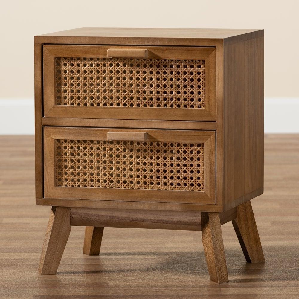 Baden Mid-Century Modern Walnut Brown Finished Wood 2-Drawer Nightstand with Rattan FredCo
