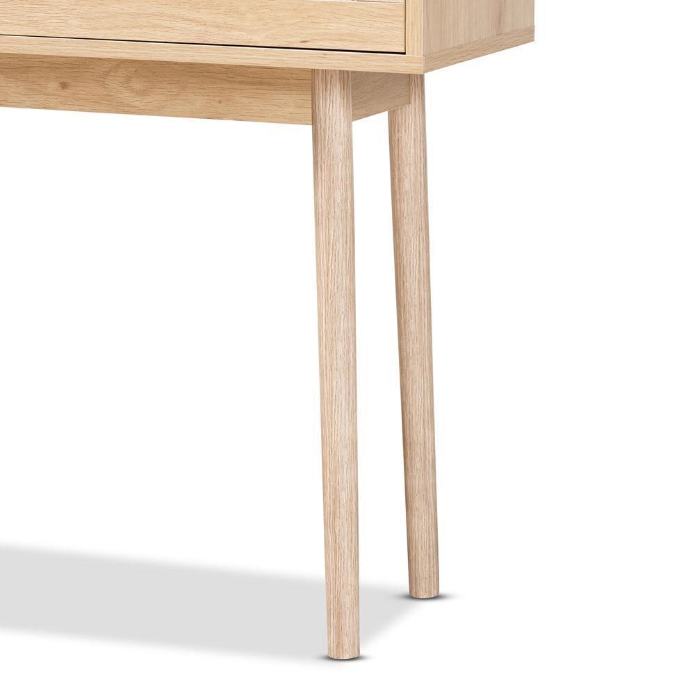 Baird Mid-Century Modern Light Oak Brown Finished Wood and Rattan 2-Drawer Console Table FredCo