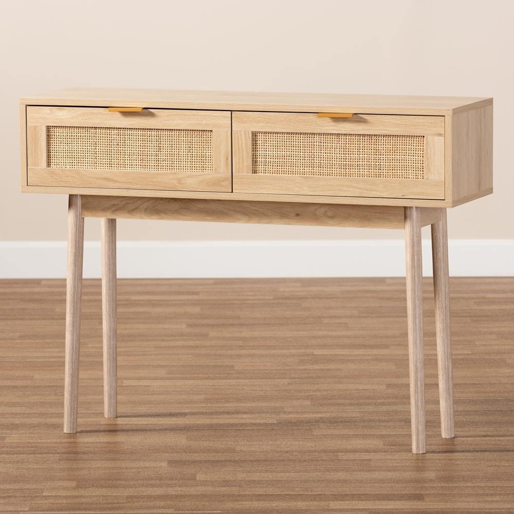 Baird Mid-Century Modern Light Oak Brown Finished Wood and Rattan 2-Drawer Console Table FredCo