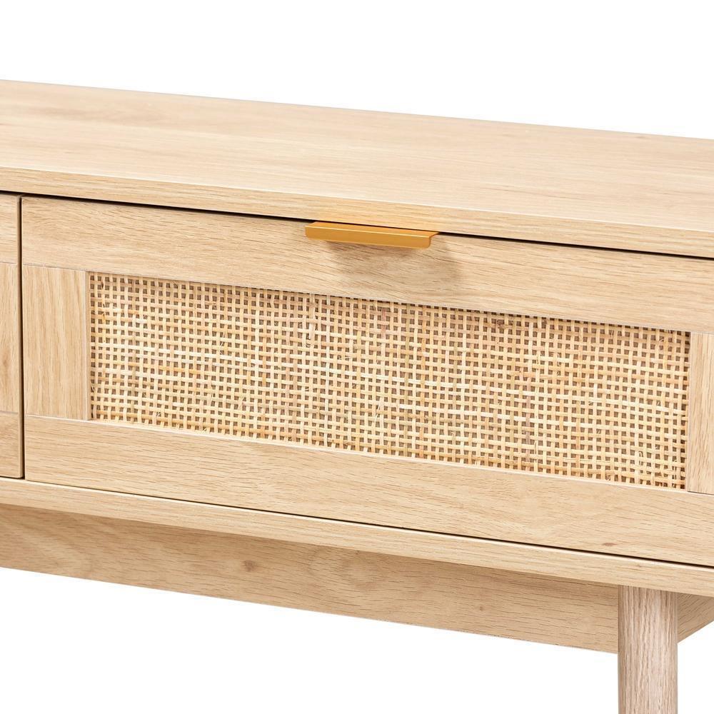 Baird Mid-Century Modern Light Oak Brown Finished Wood and Rattan 2-Drawer Console Table FredCo
