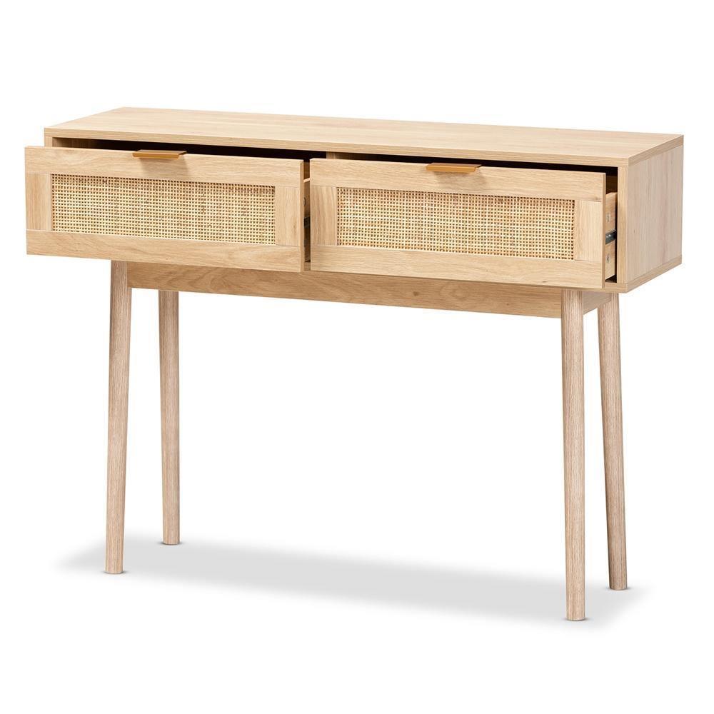 Baird Mid-Century Modern Light Oak Brown Finished Wood and Rattan 2-Drawer Console Table FredCo