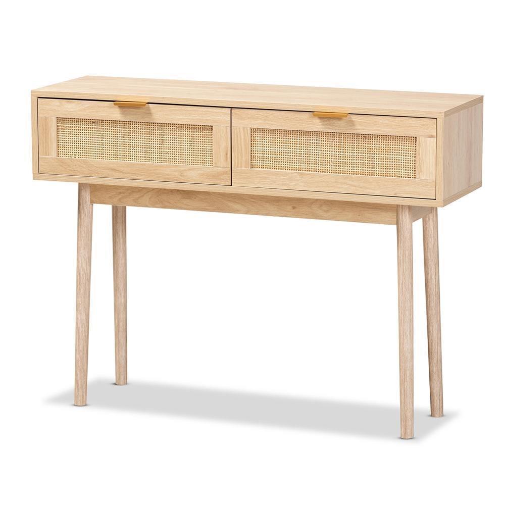 Baird Mid-Century Modern Light Oak Brown Finished Wood and Rattan 2-Drawer Console Table FredCo