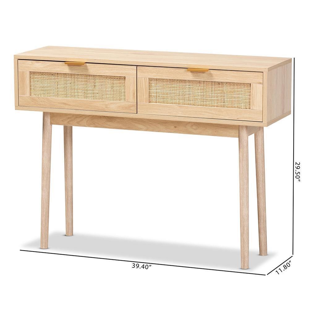 Baird Mid-Century Modern Light Oak Brown Finished Wood and Rattan 2-Drawer Console Table FredCo