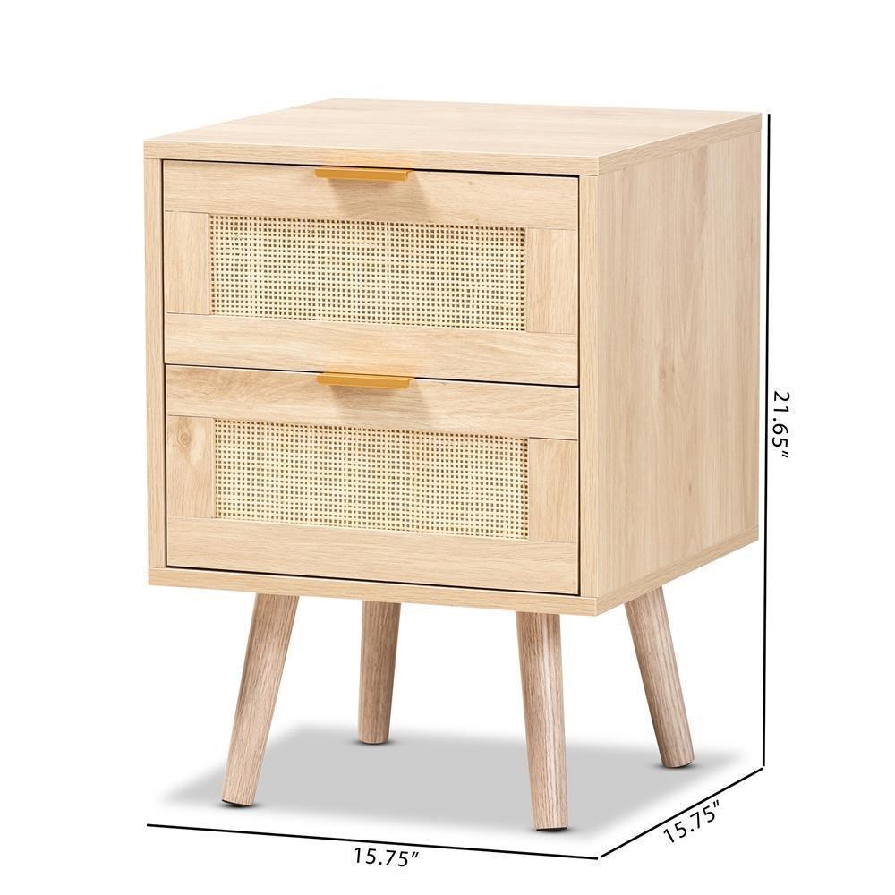 Baird Mid-Century Modern Light Oak Brown Finished Wood and Rattan 2-Drawer Nightstand FredCo
