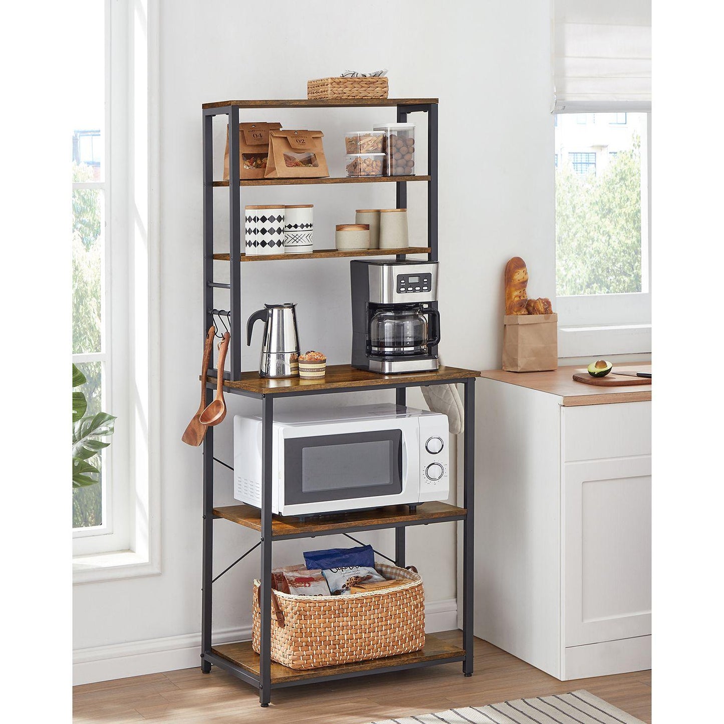 Baker's Rack with Shelves & Hooks 65" Rustic Brown FredCo